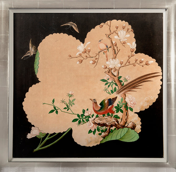 each finely painted in ink and gouache on paper with bird and flower scenes enclosed with floral cartouches, on a dark ground.