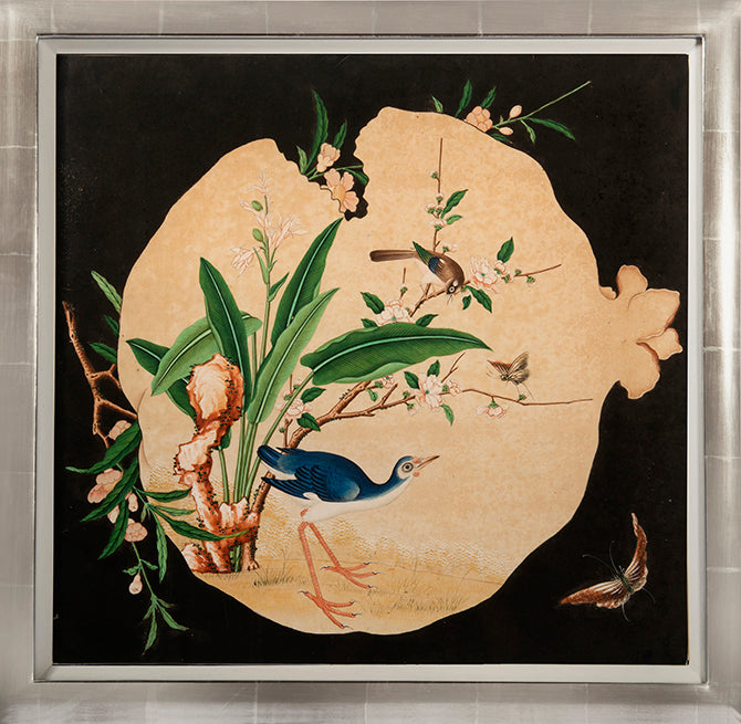 each finely painted in ink and gouache on paper with bird and flower scenes enclosed with floral cartouches, on a dark ground.