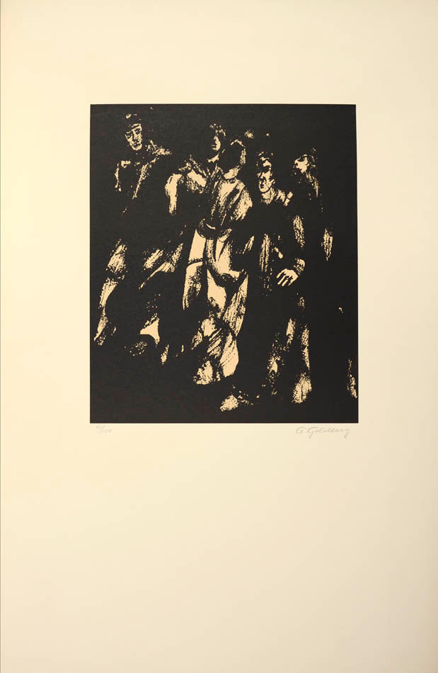 A rare suite of ten duo-tone prints in pink wash by Goldberg in his characteristically dark and sparse style.