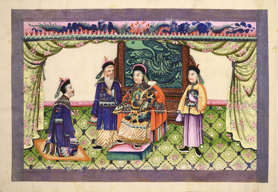 Large format album of 11 scenes showing rich Chinese interiors and fine costumes - this album of especially large format, watercolour & gouache on pith.
