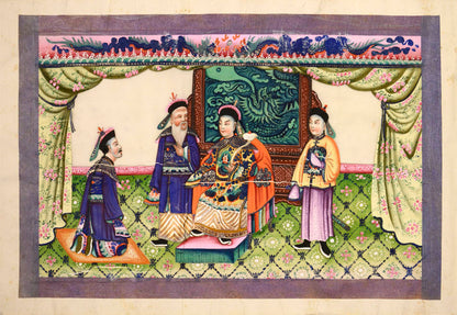 Large format album of 11 scenes showing rich Chinese interiors and fine costumes - this album of especially large format, watercolour & gouache on pith.