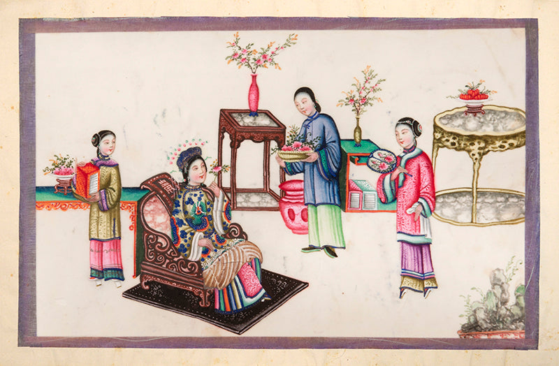 Large format album of 11 scenes showing rich Chinese interiors and fine costumes - this album of especially large format, watercolour & gouache on pith.