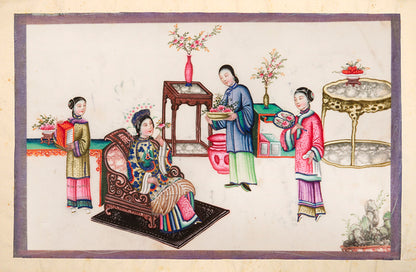 Large format album of 11 scenes showing rich Chinese interiors and fine costumes - this album of especially large format, watercolour & gouache on pith.