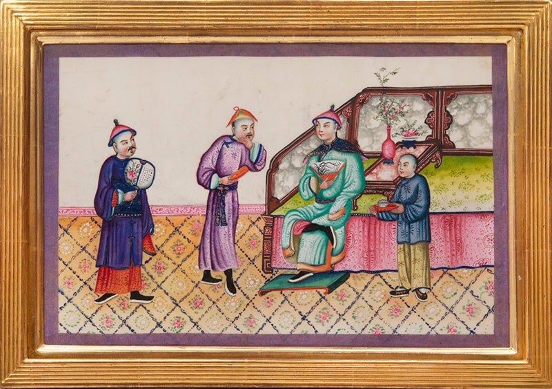 Large format album of 11 scenes showing rich Chinese interiors and fine costumes - this album of especially large format, watercolour & gouache on pith.