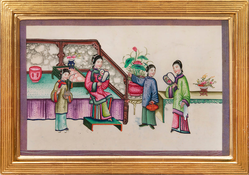 Large format album of 11 scenes showing rich Chinese interiors and fine costumes - this album of especially large format, watercolour & gouache on pith.