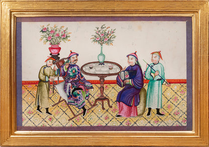 Large format album of 11 scenes showing rich Chinese interiors and fine costumes - this album of especially large format, watercolour & gouache on pith.