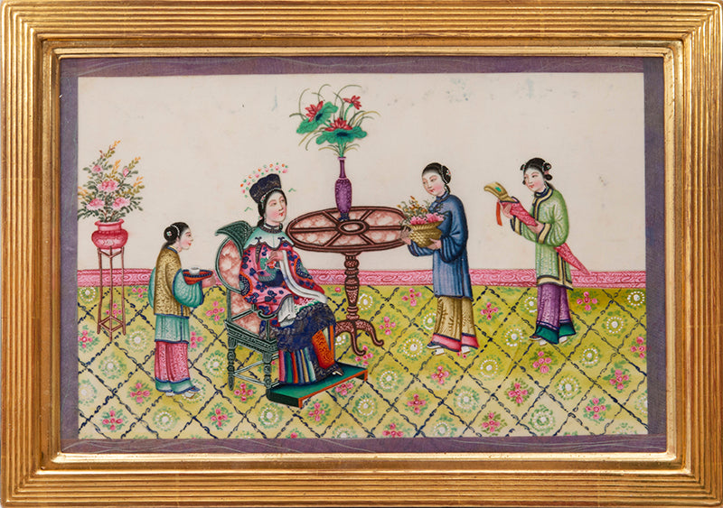 Large format album of 11 scenes showing rich Chinese interiors and fine costumes - this album of especially large format, watercolour & gouache on pith.