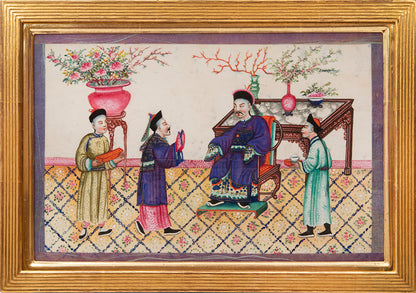 Large format album of 11 scenes showing rich Chinese interiors and fine costumes - this album of especially large format, watercolour & gouache on pith.