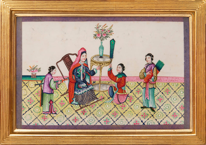 Large format album of 11 scenes showing rich Chinese interiors and fine costumes - this album of especially large format, watercolour & gouache on pith.