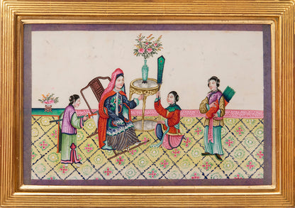 Large format album of 11 scenes showing rich Chinese interiors and fine costumes - this album of especially large format, watercolour & gouache on pith.