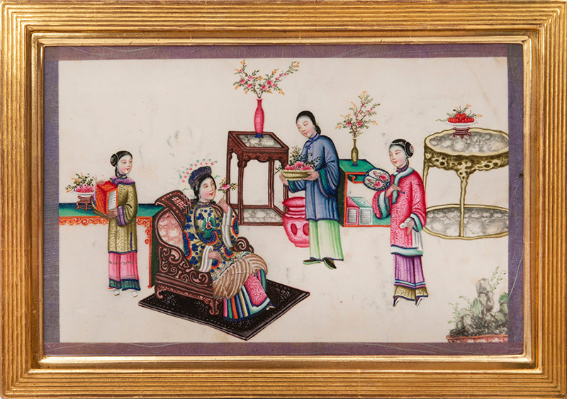 Large format album of 11 scenes showing rich Chinese interiors and fine costumes - this album of especially large format, watercolour & gouache on pith.
