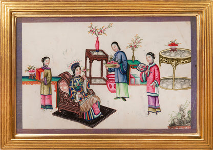 Large format album of 11 scenes showing rich Chinese interiors and fine costumes - this album of especially large format, watercolour & gouache on pith.