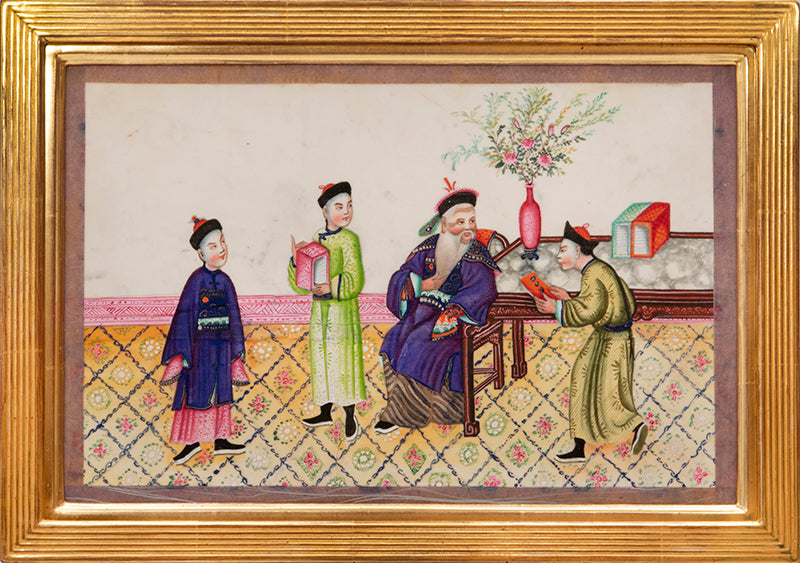 Large format album of 11 scenes showing rich Chinese interiors and fine costumes - this album of especially large format, watercolour & gouache on pith.