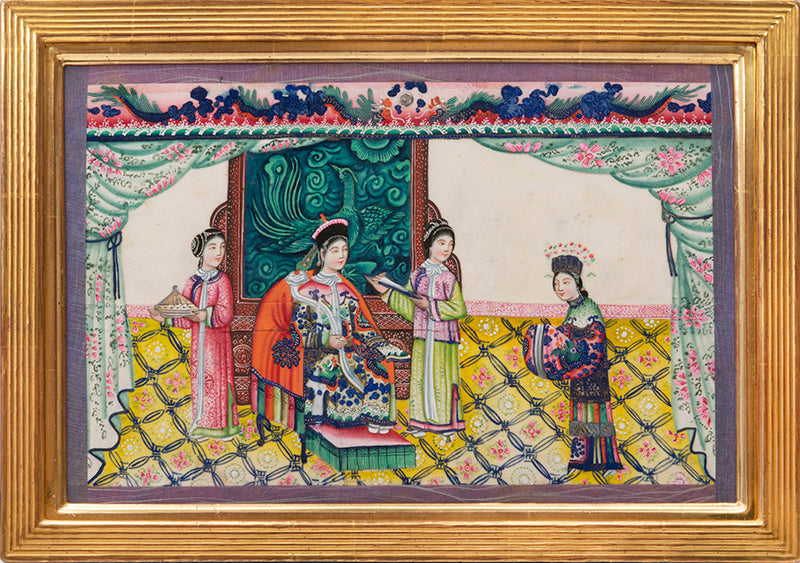 Large format album of 11 scenes showing rich Chinese interiors and fine costumes - this album of especially large format, watercolour & gouache on pith.