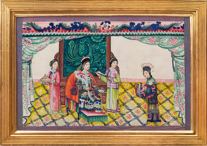 Large format album of 11 scenes showing rich Chinese interiors and fine costumes - this album of especially large format, watercolour & gouache on pith.