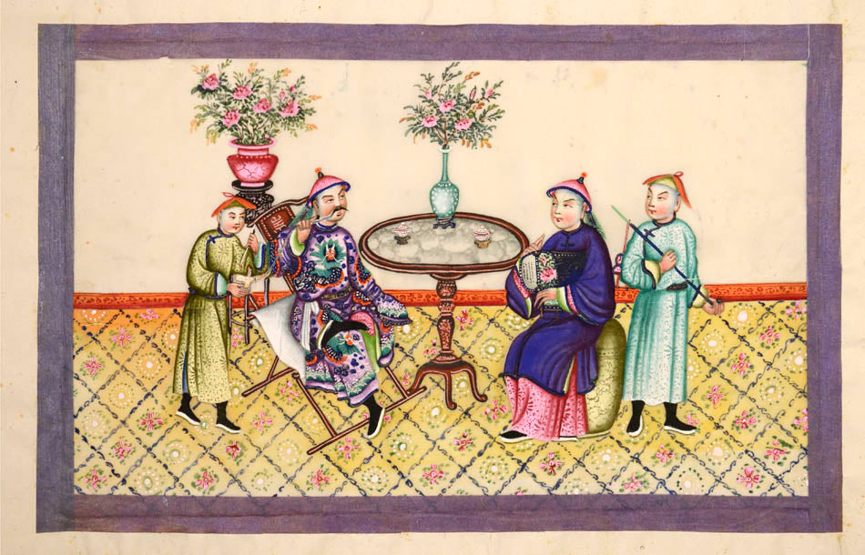 Large format album of 11 scenes showing rich Chinese interiors and fine costumes - this album of especially large format, watercolour & gouache on pith.