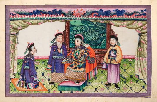Large format album of 11 scenes showing rich Chinese interiors and fine costumes - this album of especially large format, watercolour & gouache on pith.