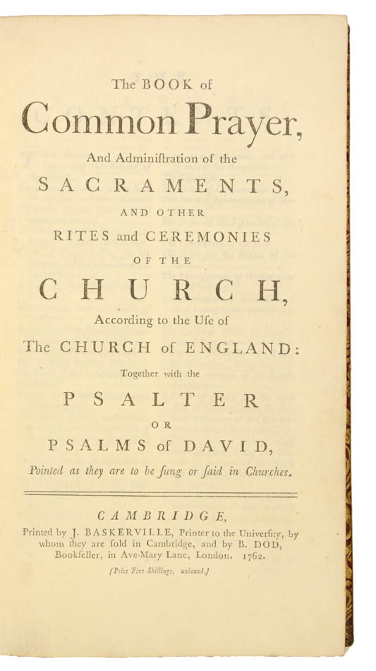 A near fine edition of Baskerville's Book of Common Prayer, Book of Psalms, and Psalms of David, bound in contemporary red panelled morocco gilt.