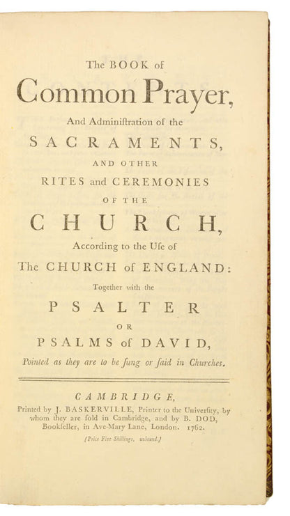 A near fine edition of Baskerville's Book of Common Prayer, Book of Psalms, and Psalms of David, bound in contemporary red panelled morocco gilt.