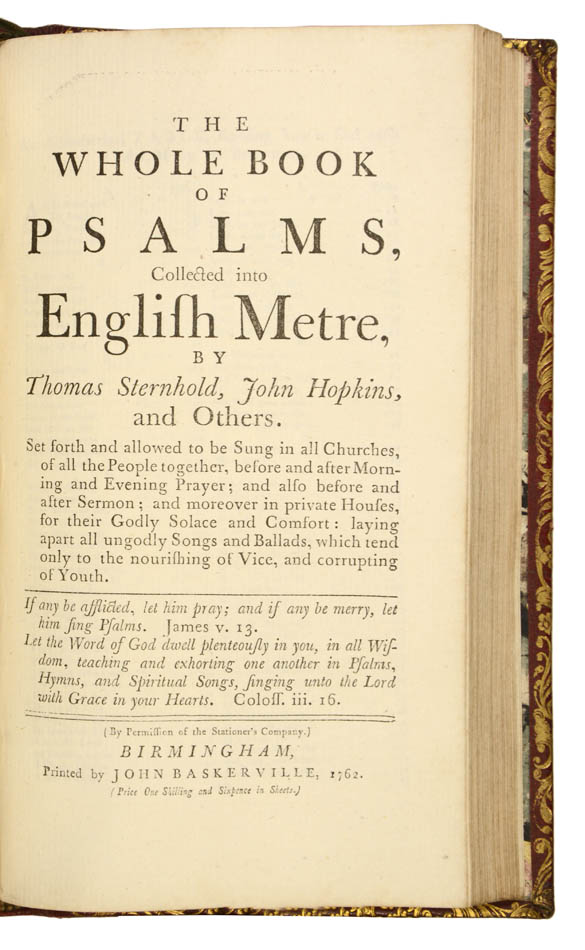 A near fine edition of Baskerville's Book of Common Prayer, Book of Psalms, and Psalms of David, bound in contemporary red panelled morocco gilt.