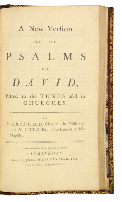 A near fine edition of Baskerville's Book of Common Prayer, Book of Psalms, and Psalms of David, bound in contemporary red panelled morocco gilt.
