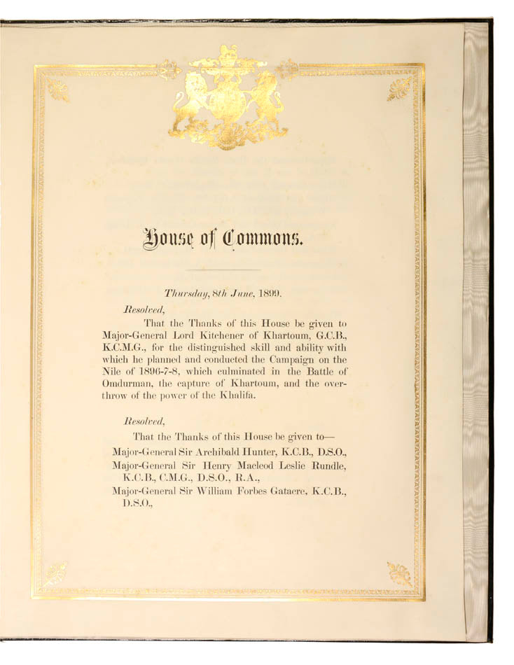 Printed on vellum and bound in the finest morocco, a tribute to the participants in the capture of Khartoum, including Kitchener, in the Nile Campaign 1896