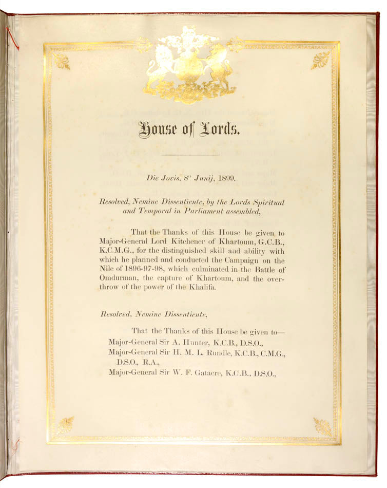 Printed on vellum and bound in the finest morocco, a tribute to the participants in the capture of Khartoum, including Kitchener, in the Nile Campaign 1896