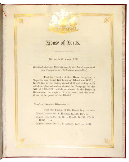 Printed on vellum and bound in the finest morocco, a tribute to the participants in the capture of Khartoum, including Kitchener, in the Nile Campaign 1896