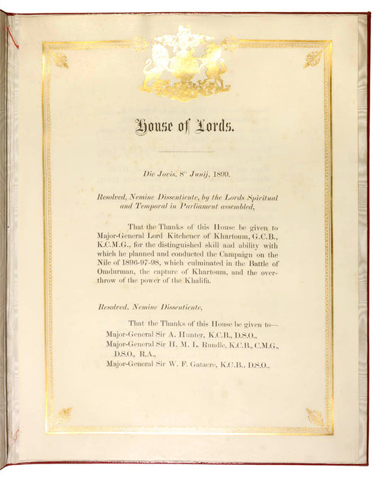 Printed on vellum and bound in the finest morocco, a tribute to the participants in the capture of Khartoum, including Kitchener, in the Nile Campaign 1896