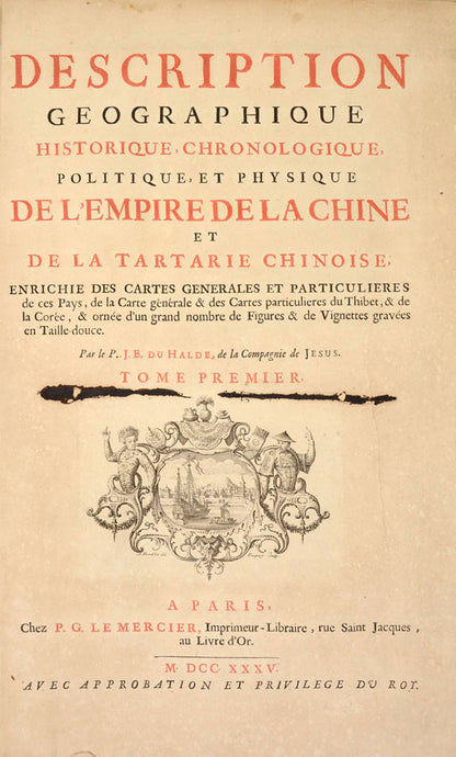 The first edition of Du Halde's account of China and one of the earliest European sources on Chinese ceramics.  With first printed map of part of Alaska.