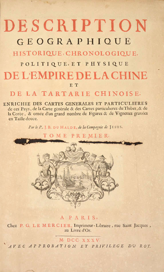 The first edition of Du Halde's account of China and one of the earliest European sources on Chinese ceramics.  With first printed map of part of Alaska.