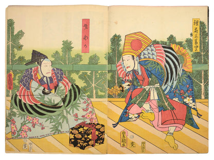   Kabuki classical Japanese dance-drama scenes and actor portraits, vividly capturing the stylised expression and elaborate make-up of the performers.