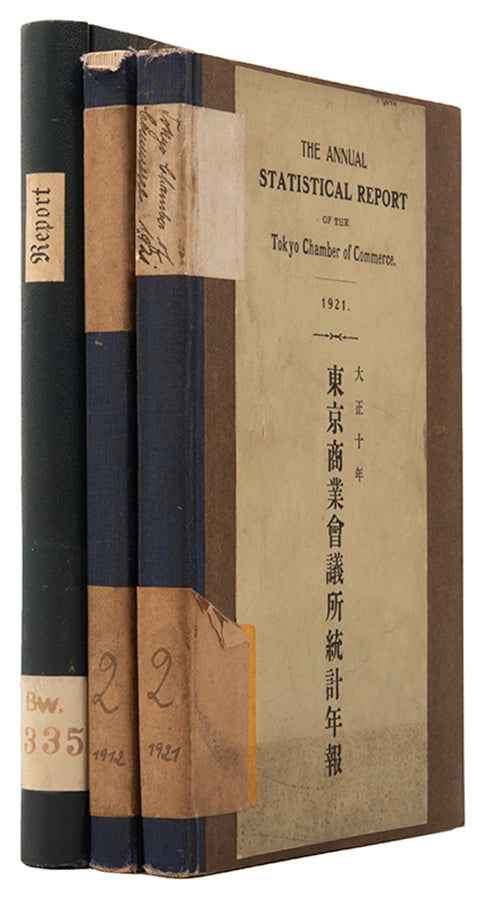Three Tokyo Chamber of Commerce annual statistical reports, containing key financial, economic and demographic data for the years 1912, 1921 and 1922.