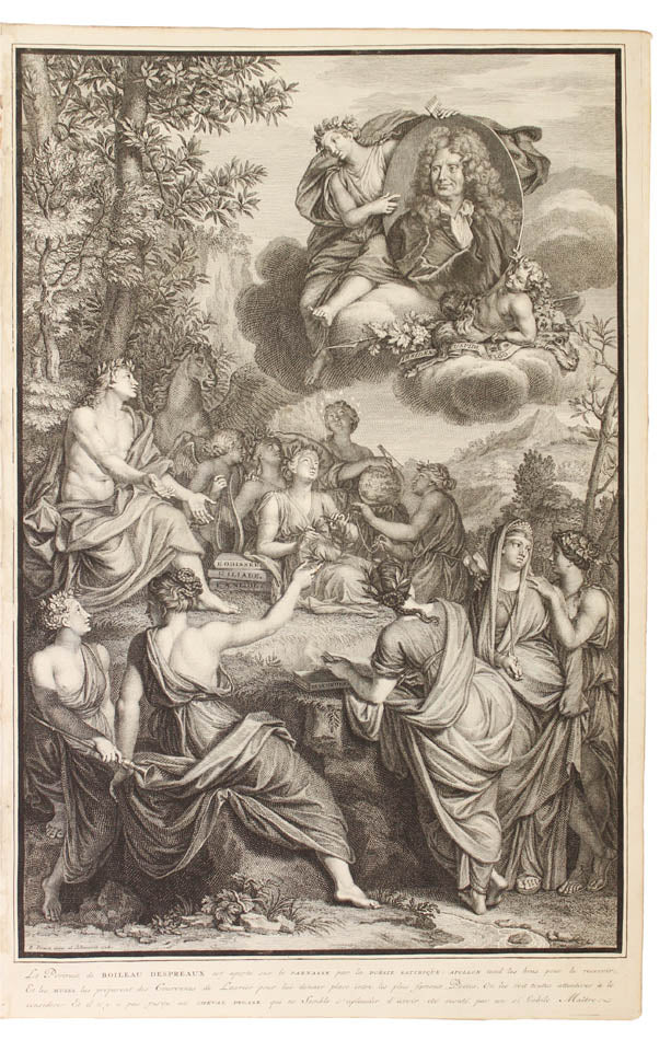 A handsome set of an important edition of Boileau's works, bound in full red contemporary morocco, allegorical engraved vignettes, plates.