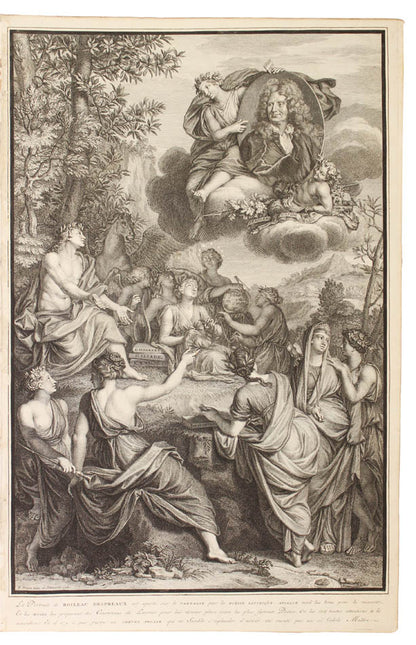 A handsome set of an important edition of Boileau's works, bound in full red contemporary morocco, allegorical engraved vignettes, plates.