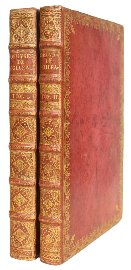 A handsome set of an important edition of Boileau's works, bound in full red contemporary morocco, allegorical engraved vignettes, plates.