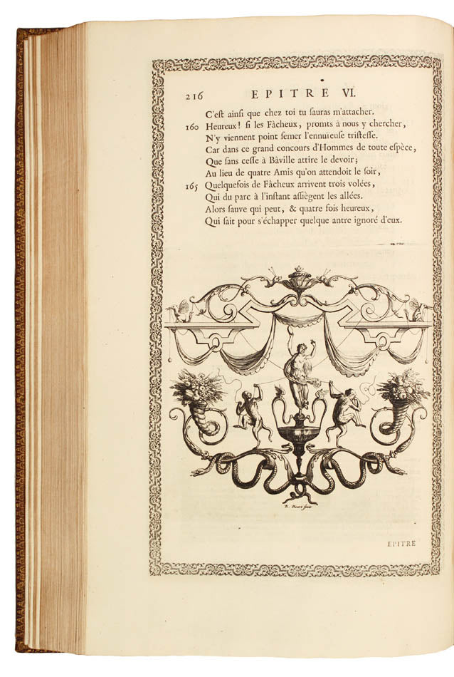 A handsome set of an important edition of Boileau's works, bound in full red contemporary morocco, allegorical engraved vignettes, plates.