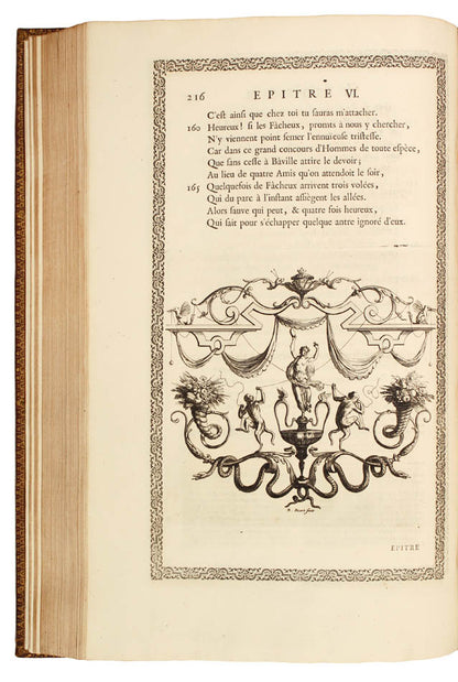A handsome set of an important edition of Boileau's works, bound in full red contemporary morocco, allegorical engraved vignettes, plates.