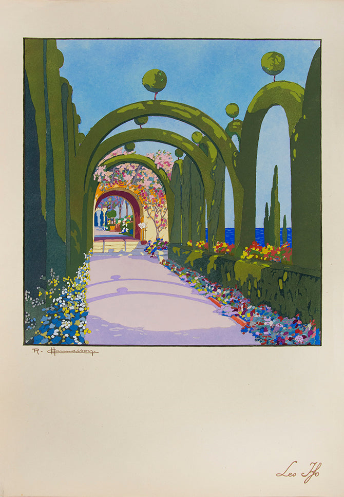 A set of 8 lithographs on Japon paper, hand-coloured in pochoir by Jean Saudé after designs by Charmaison. 