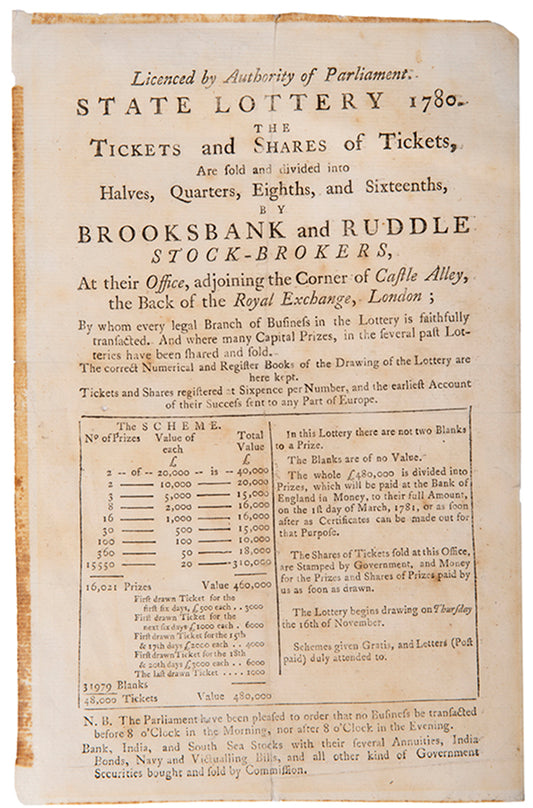 A handbill advertising tickets and shares in the state lottery of 1780, produced by the stockbrokers Brooksbank and Ruddle. 