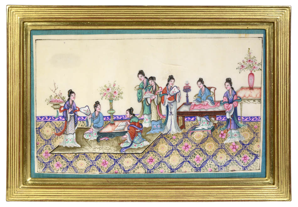 Interior scene of noblewomen and ladies engaging in genteel activities