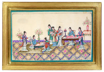 Interior scene of noblewomen and ladies engaging in genteel activities