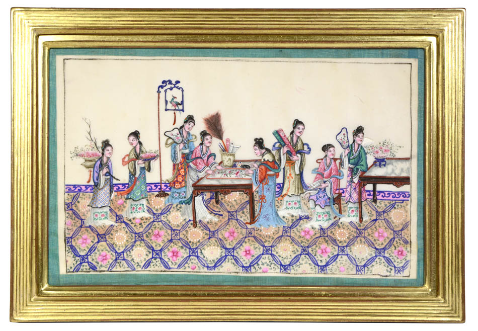 Interior scene of noblewomen and ladies engaging in genteel activities