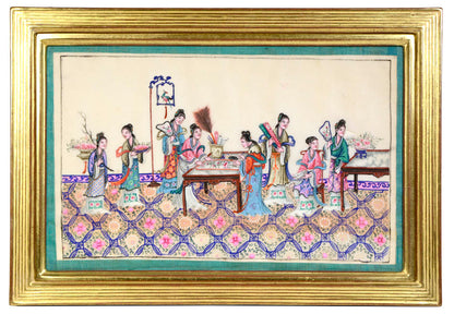 Interior scene of noblewomen and ladies engaging in genteel activities