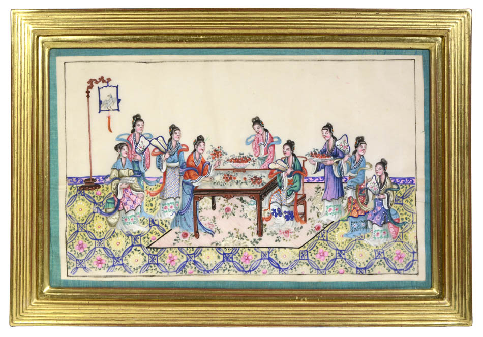 Interior scene of noblewomen and ladies engaging in genteel activities