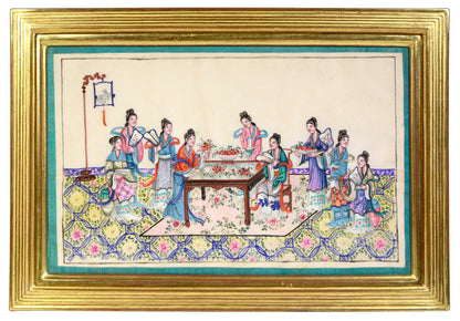 Interior scene of noblewomen and ladies engaging in genteel activities