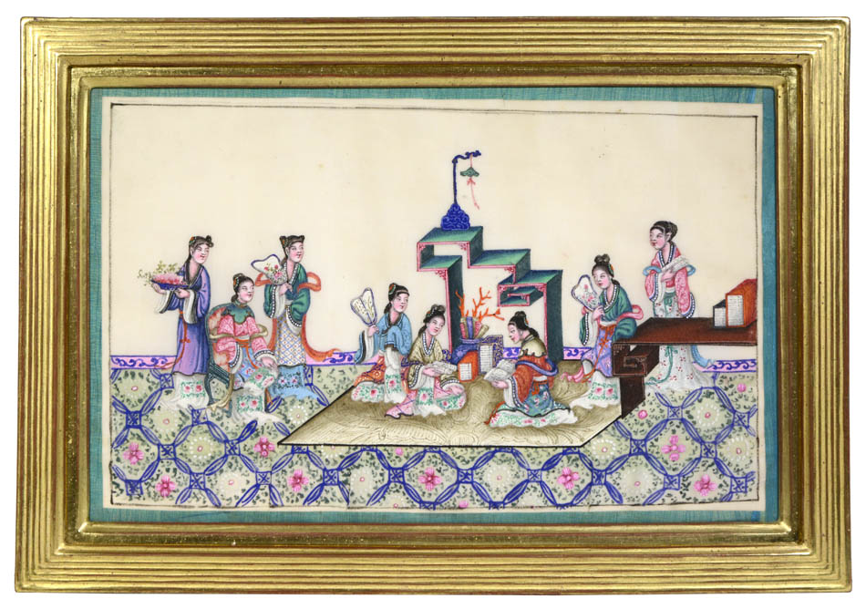 Interior scene of noblewomen and ladies engaging in genteel activities