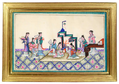Interior scene of noblewomen and ladies engaging in genteel activities