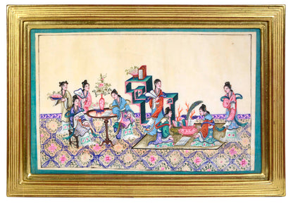 Interior scene of noblewomen and ladies engaging in genteel activities