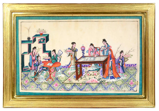 Interior scene of noblewomen and ladies engaging in genteel activities
